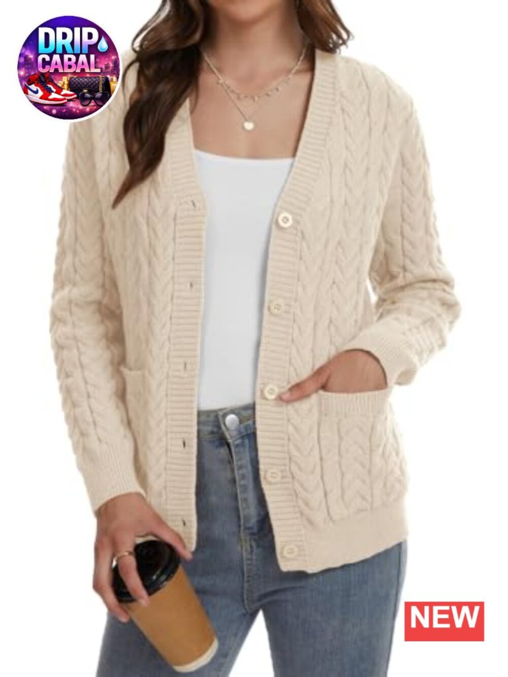 Women's Chunky Cable Knit Open Front Cardigan with Pockets V-Neck Button
